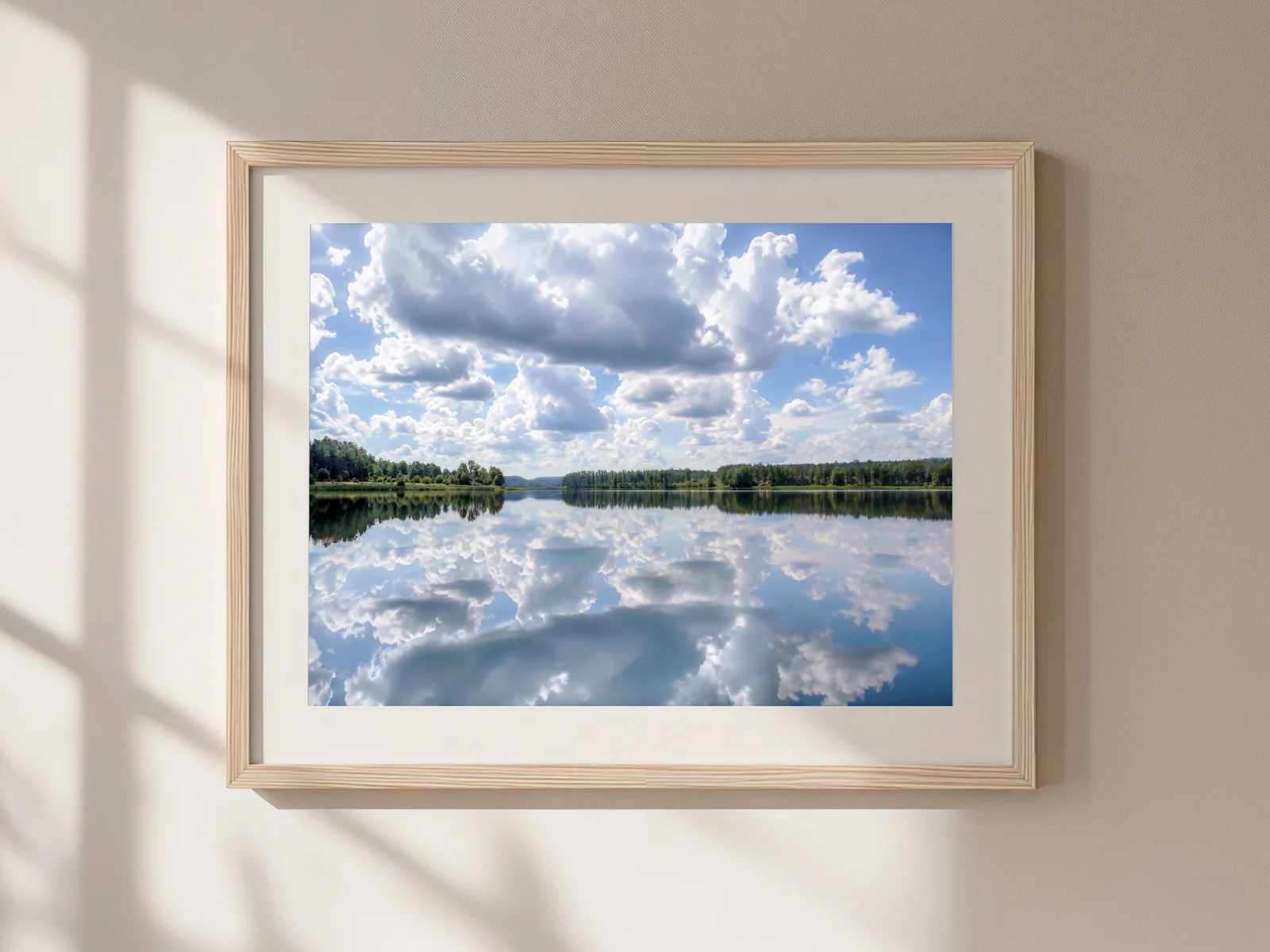Cloud Mirror framed art print in a calm, sunlit interior