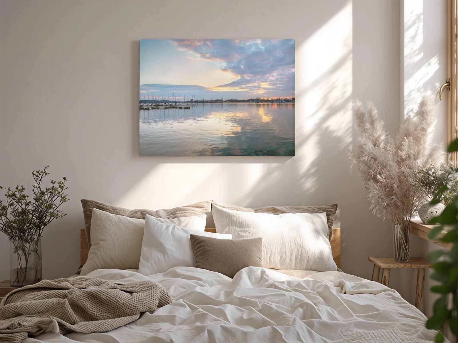 Lake Afterglow canvas print in a calm bedroom