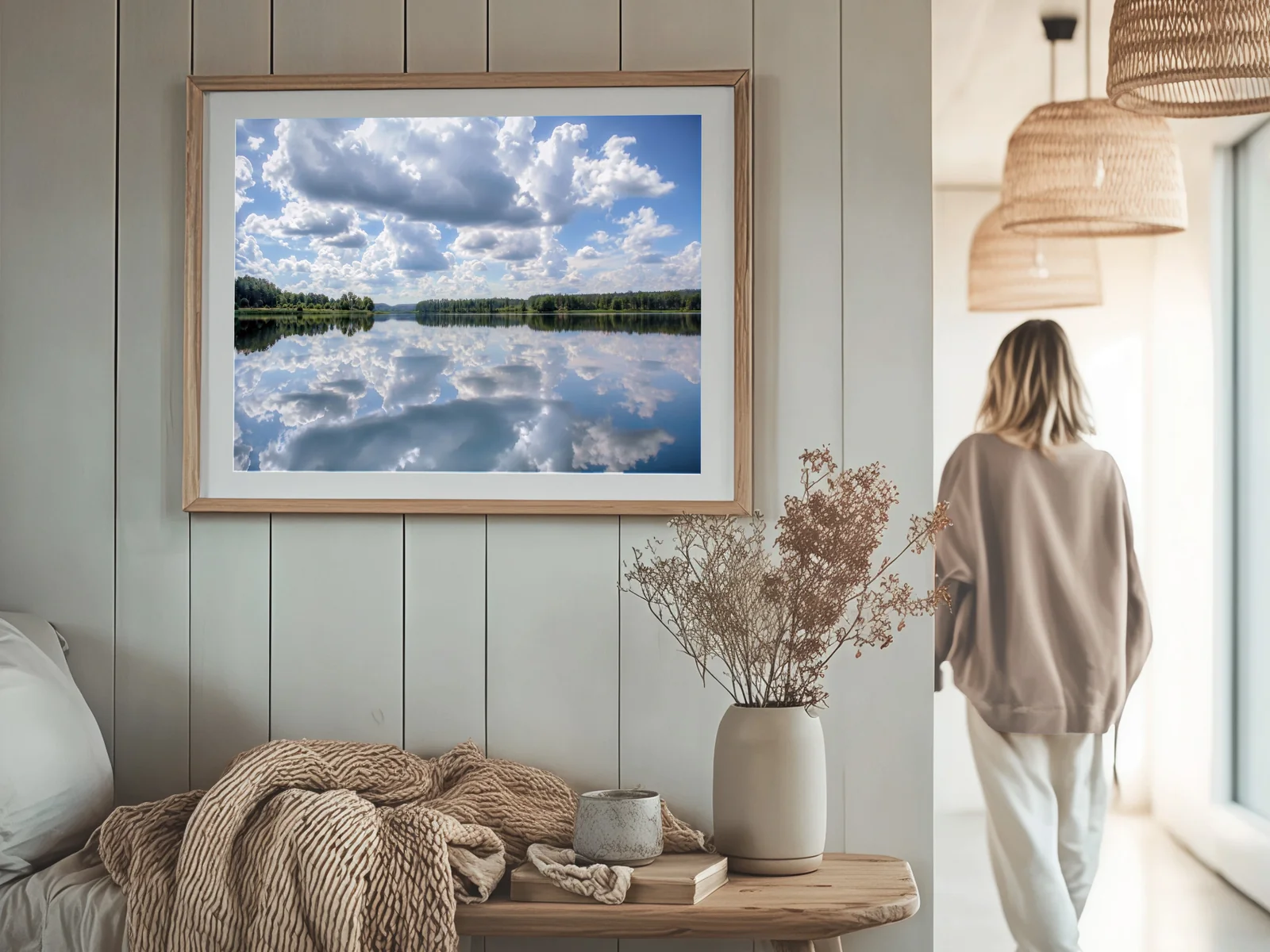 Cloud Mirror framed art print in a hallway