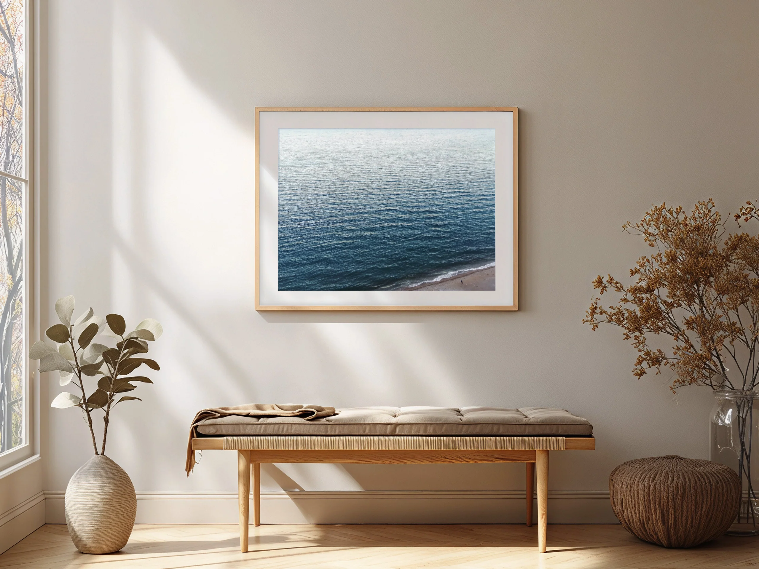 Open Water framed art print in a hallway